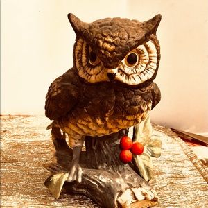 Josef Originals Brown Tawny Owl displayed on Tree Branch with Holly